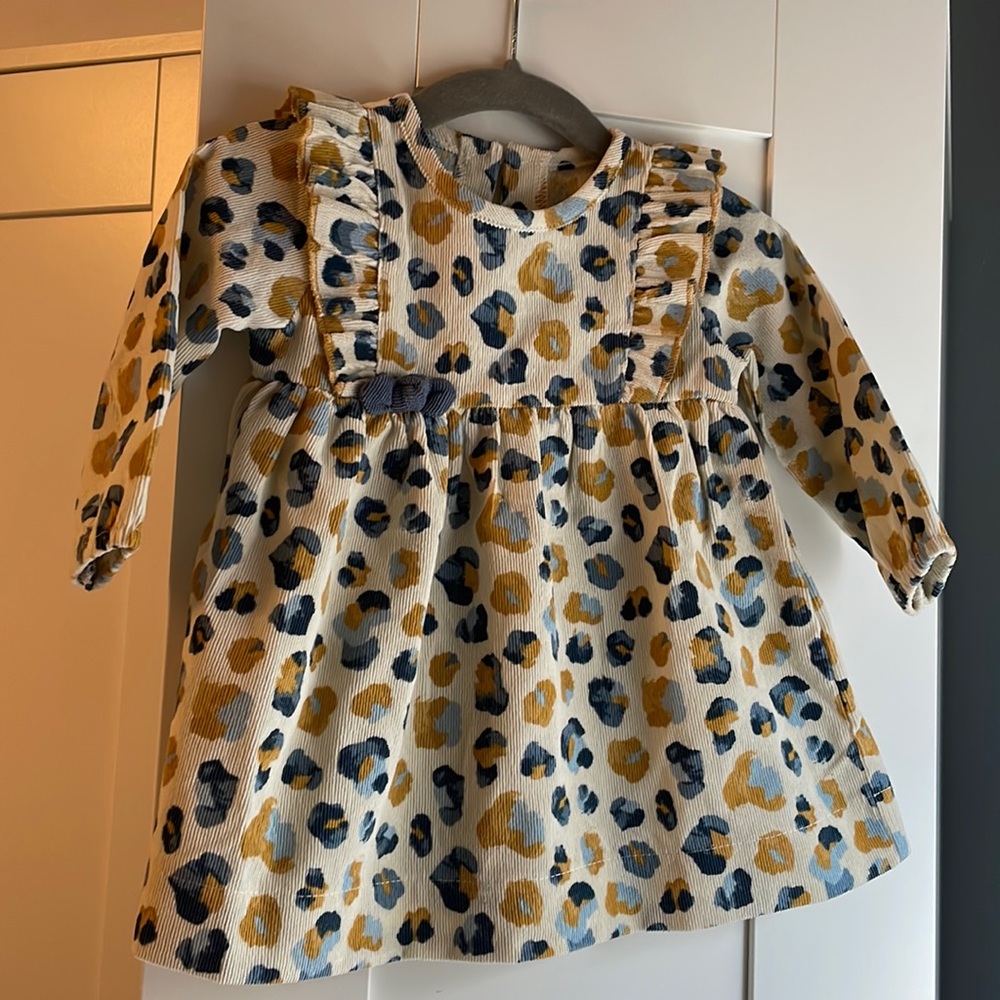 Mud Pie baby girl dress, Cheetah print corduroy, 3-6 month